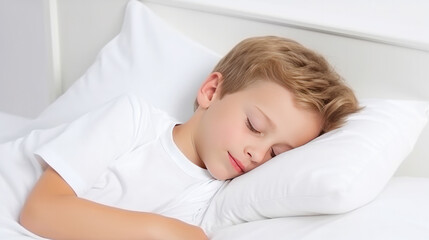 Obraz na płótnie Canvas Boy child sleeping soundly on a white pillow, on white background.Generative AI