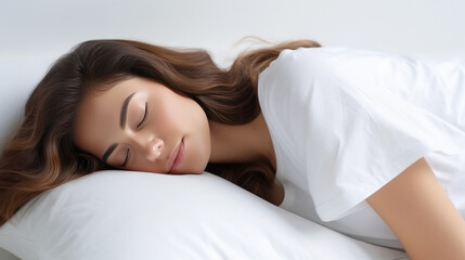 Beautiful woman sleeps dreaming on a white pillow on white background, good night sleep concept.Generative AI