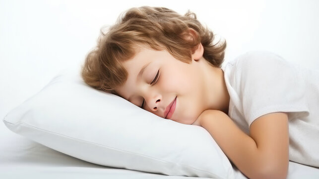 Boy child sleeping soundly on a white pillow, on white background.Generative AI