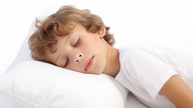 Boy child sleeping soundly on a white pillow, on white background.Generative AI