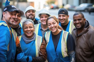 Diverse and mixed group of sanitation workers taking a portrait photo taken together while working in New York