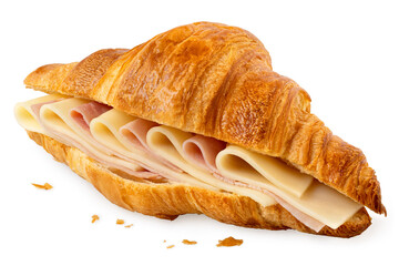 Ham and cheese croissant isolated on white. Crumbs.