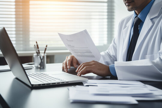 Doctor using computer working in hospital, Doctor using computer checking data patient document, Doctor using computer for health care hospital background