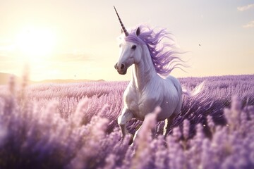 Obraz na płótnie Canvas a picture of a unicorn prancing through a field of lavender, vignetting photography