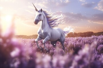 Plakat a picture of a unicorn prancing through a field of lavender, vignetting photography
