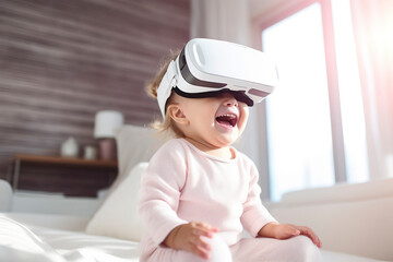 A young baby is having fun and laughing while playing with virtual reality glasses on, playing at home, bright and white house, sitting on the couch alone