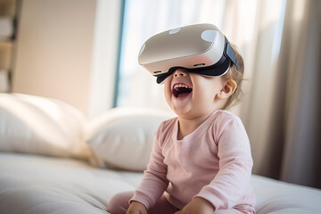 A young baby is having fun and laughing while playing with virtual reality glasses on, playing at home, bright and white house, sitting on the couch alone