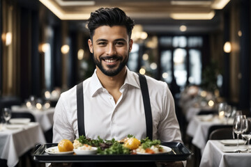 Fototapeta na wymiar Young smiling waiter with short black hair and short beard in a restaurant. He has a tray in his hands and brings food to a table.