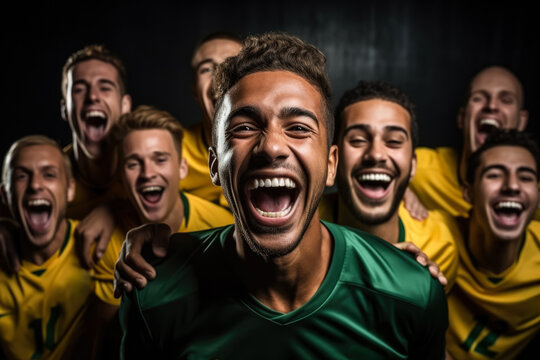 Brazilian football team celebrating a victory  photo with empty space for text 