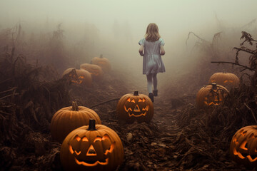 Children exploring a foggy maze with hidden pumpkins. Halloween, pumpkin, Halloween background Generative AI