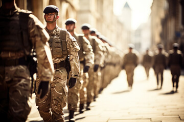 British soldiers marching during a parade  photo with empty space for text  - obrazy, fototapety, plakaty