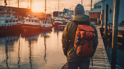 man with backpack looking at boats on dock
