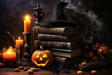 Old books of spells stacked near a cauldron and pumpkins. Halloween, pumpkin, Halloween background Generative AI