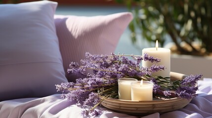 Obraz na płótnie Canvas a tray with candles and lavender flowers on a bed with pillows. generative ai