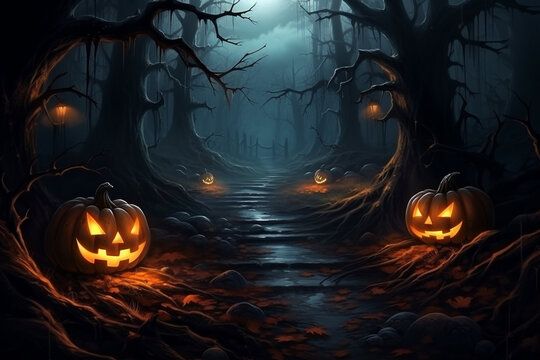 Moonlit forest path leading to a hidden pumpkin patch. Halloween, pumpkin, Halloween background Generative AI