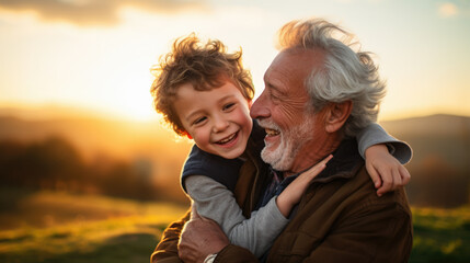 happy grandparent and grandson hugging and having fun in nature