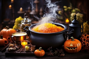 Witch's potion cauldron surrounded by magical ingredients and pumpkins. Halloween, pumpkin, Halloween background Generative AI