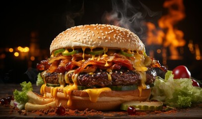 Restaurant favorite, mouthwatering burger grilled to perfection, flames accentuate Generative AI