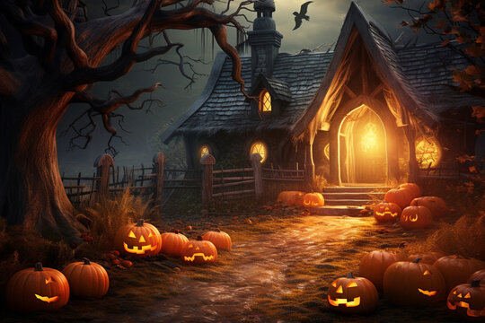Witch's hut nestled in a misty forest with glowing pumpkins. Halloween, pumpkin, Halloween background Generative AI