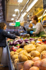 Fresh fruit and vegetables at a farm market. Local ecological sustainable food products. Selective focus.