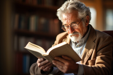 Elderly French man reading a book at a library  photo with empty space for text 