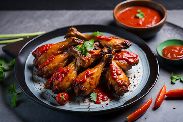baked chicken wings in the asian style and tomatoes sauce on plate