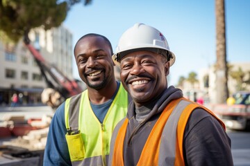 Obraz premium Group of african american consturction workers working on a construction site in Los Angeles