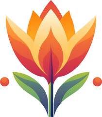 Fototapeta premium Vibrant clip art illustration of a tulip flower with red, orange, and yellow petals and green leaves against a transparent background, perfect for creative projects. Generative AI.