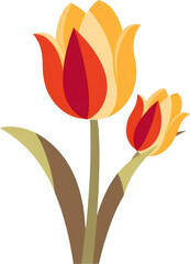 Vibrant clip art illustration of a tulip flower with red, orange, and yellow petals and green leaves against a transparent background, perfect for creative projects. Generative AI.