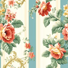 Behang Seamless pattern with flowers, classic country cottage style floral and stripes print for wallpaper, fabric and product design, generative ai © Anneleven