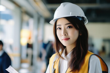 Female Japanese architect overseeing a construction site  photo with empty space for text 