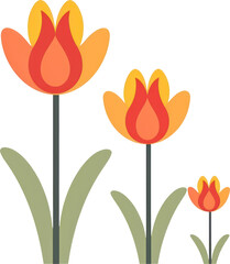 Vibrant clip art illustration of a tulip flower with red, orange, and yellow petals and green leaves against a transparent background, perfect for creative projects. Generative AI.
