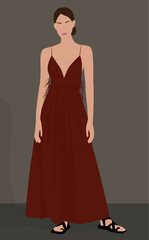 Illustration of a girl in a long sundress. Summer image of a girl with collected hair in sandals. Design for avatars, posters, backgrounds, templates, banners, textiles, postcards.