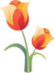 Vibrant clip art illustration of a tulip flower with red, orange, and yellow petals and green leaves against a transparent background, perfect for creative projects. Generative AI.