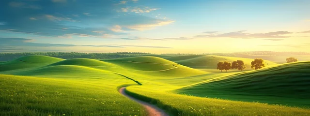 Tuinposter Picturesque winding path through a green grass field in hilly area in morning at dawn against blue sky with clouds. Natural panoramic spring summer landscape © Eli Berr