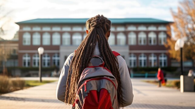 Rear view of an African schoolgirl with dreadlocks, against the backdrop of the school.