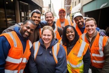 Diverse and mixed group of sanitation workers taking a portrait photo taken together while working in New York