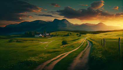 Naklejka na ściany i meble Beautiful summer mountain rural landscape; Panorama of summer green field with dirt road and Sunset cloudy sky, Ai generated image