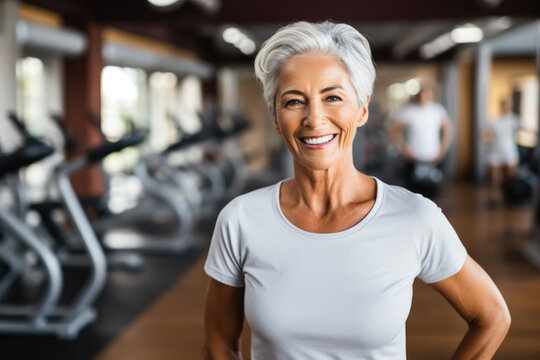 Mature Australian woman lifting weights at the gym  photo with empty space for text 