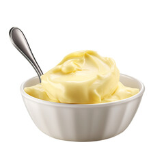 Butter curled on spoon, placed in white bowl. - obrazy, fototapety, plakaty