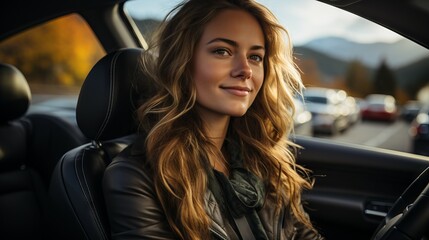 Beautiful young woman driving a car on a road trip in autumn. Beautiful young woman driving a car. Happy blonde young woman posing in the car on a driver place