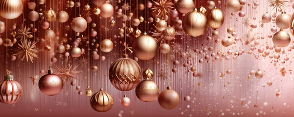 Panoramic Christmas wallpaper background. Trendy  pink gold balls. Holiday decorations 