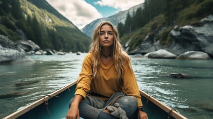 Fototapeta premium Girl traveler in a hat on a boat on the background of mountains on an azure mountain river. Pretty woman traveling a boat on beautiful mountain river among mountains. Woman sits on a boat on the lake