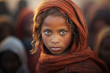 Portrait of beautiful cute Afghan or African girl in headscarf looking at camera, outdoors. Social child problems concept