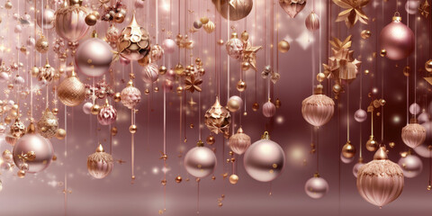 Trendy Holiday decorations  with Pink rose gold Christmas baubles 
