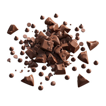 Chocolate chips scattered, 3D rendering.