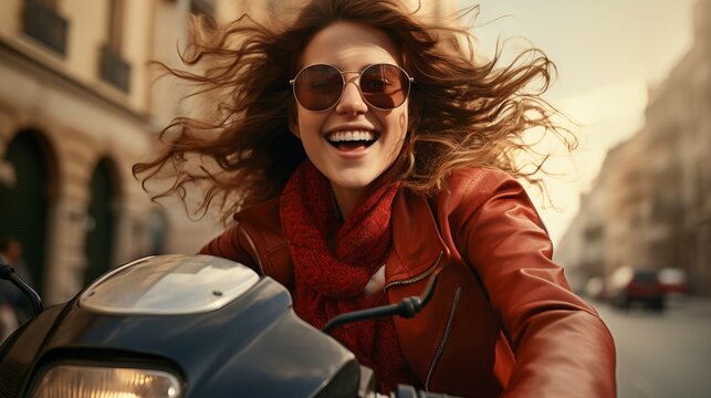 Portrait of a happy woman with expressive emotions riding a scooter in the city. Portrait of a beautiful young woman in sunglasses riding a motorcycle on the street.  Travel and vacation concept.