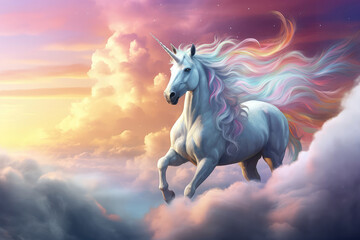 Obraz na płótnie Canvas White Unicorn In The Clouds With Rainbow. Generative AI