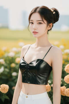 Portrait of beautiful Japanese women wearing black leather bustier crop top, romantic updo with flowers and tendrils framing the face.
