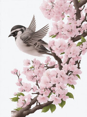 A Beautiful bird on a blossoming cherry tree Generative AI